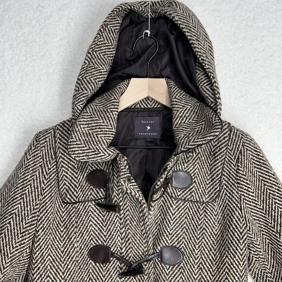 FOREVER 21 Brown Herringbone Toggle Hook & Loop Winter Coat Womens Size Small - Picture 2 of 8
